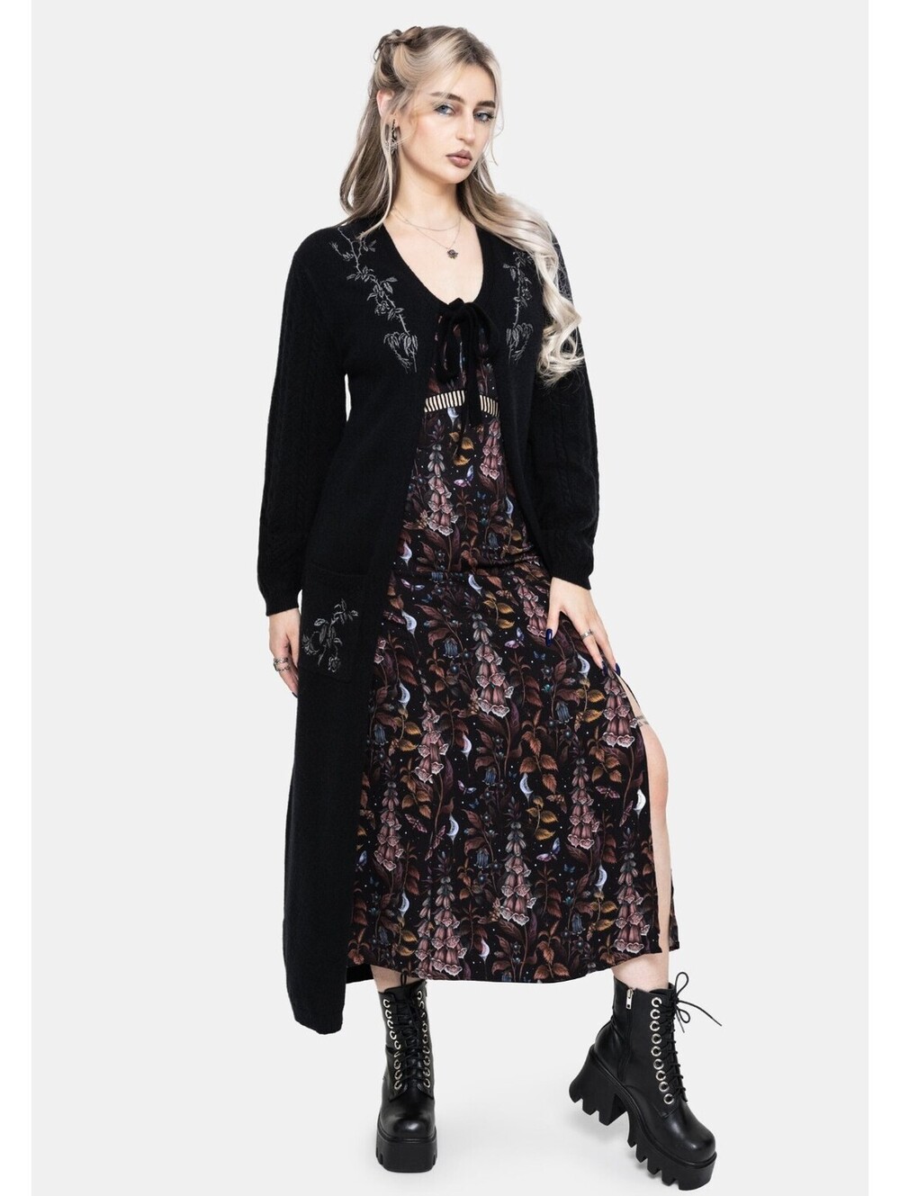 Rime Embroidered Cable Knit Sleeve Longline Cardigan